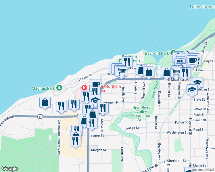 map of restaurants, bars, coffee shops, grocery stores, and more near 435 Madison Street in Petoskey