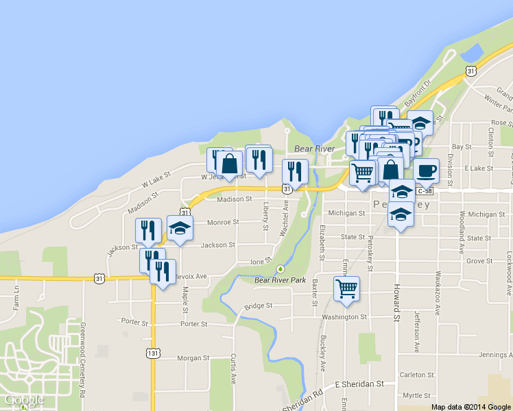 map of restaurants, bars, coffee shops, grocery stores, and more near 311 Madison Street in Petoskey
