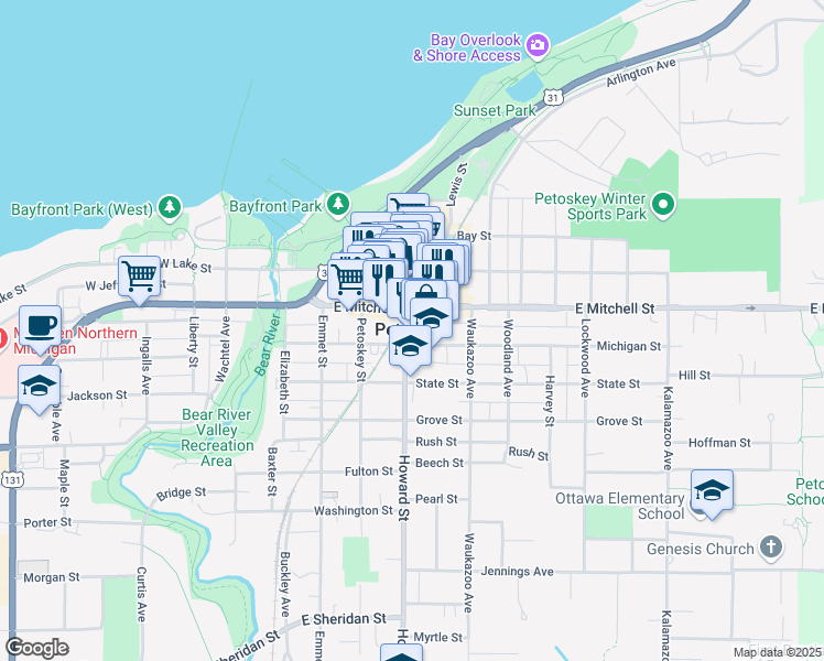 map of restaurants, bars, coffee shops, grocery stores, and more near 417 Howard Street in Petoskey