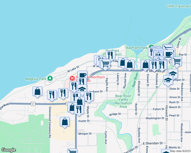 map of restaurants, bars, coffee shops, grocery stores, and more near 435 Madison Street in Petoskey