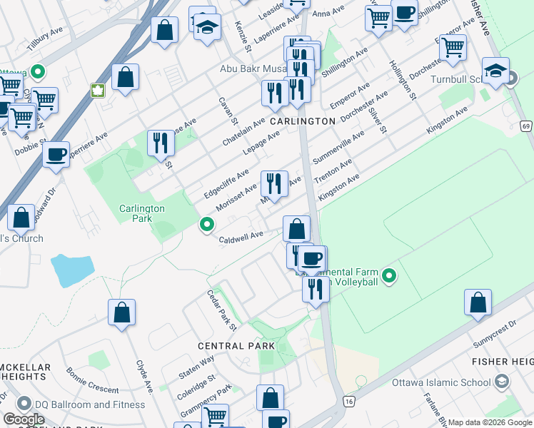 map of restaurants, bars, coffee shops, grocery stores, and more near 1435 Rosenthal Avenue in Ottawa