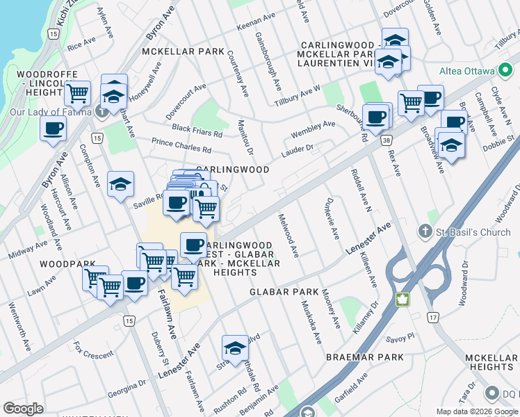map of restaurants, bars, coffee shops, grocery stores, and more near 2019 Carling Avenue in Ottawa
