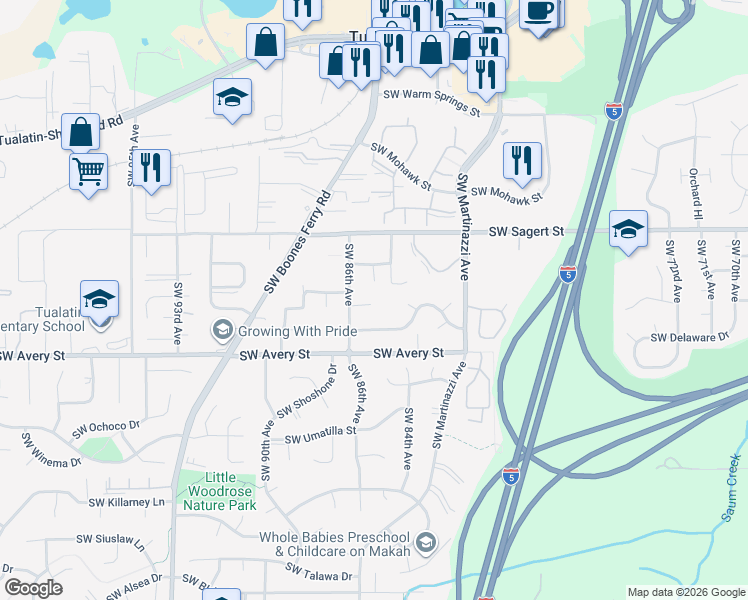 map of restaurants, bars, coffee shops, grocery stores, and more near 8525 Southwest Modoc Court in Tualatin