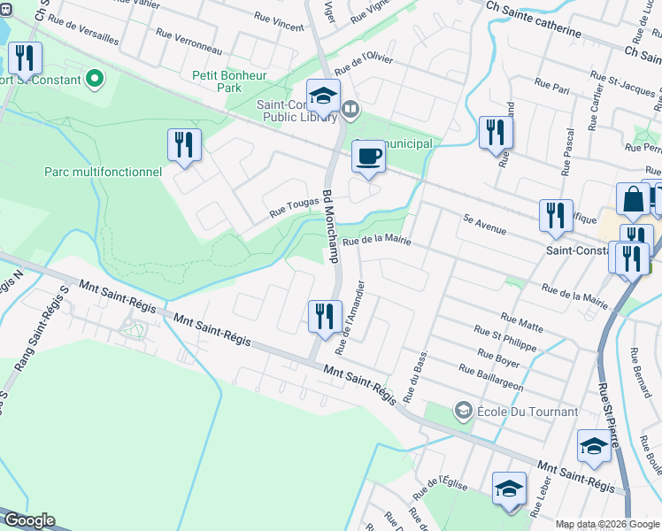 map of restaurants, bars, coffee shops, grocery stores, and more near 277 Boulevard Monchamp in Saint-Constant
