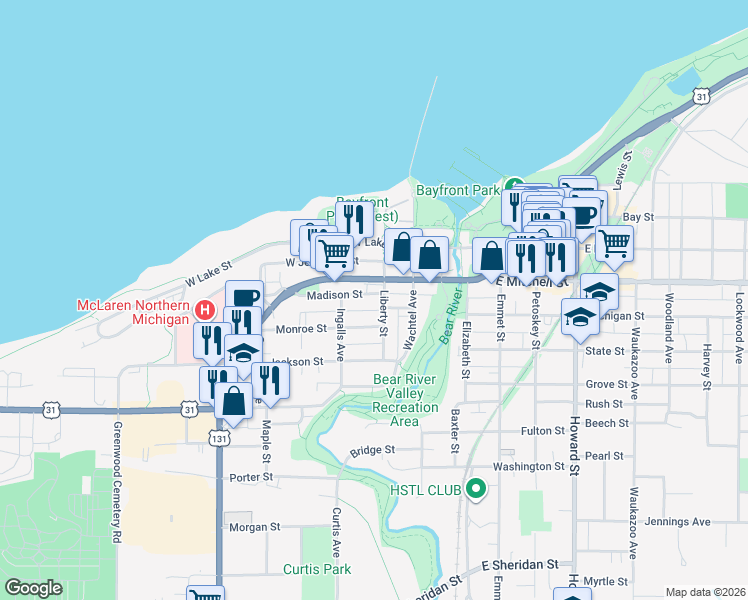 map of restaurants, bars, coffee shops, grocery stores, and more near 311 Madison St in Petoskey