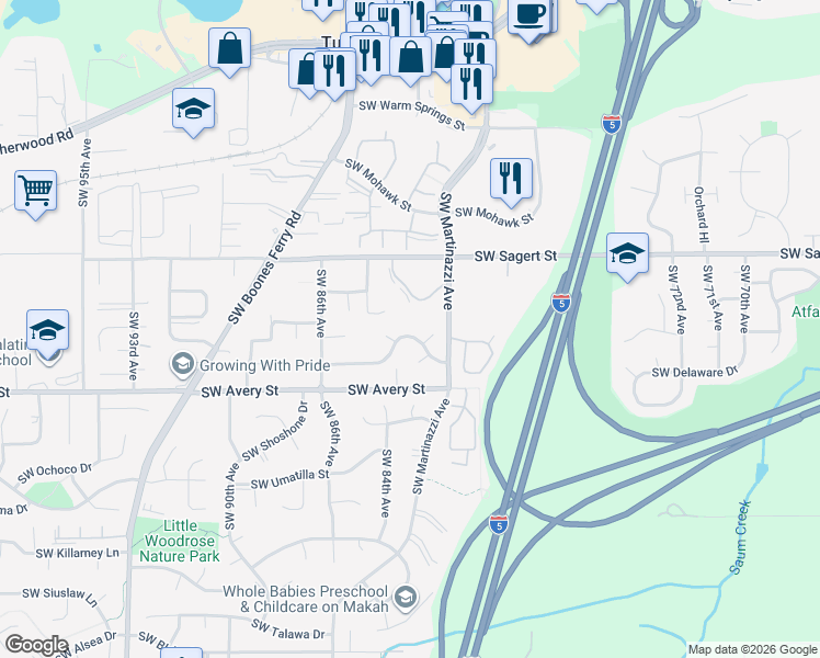 map of restaurants, bars, coffee shops, grocery stores, and more near 8201 Southwest Seminole Trail in Tualatin