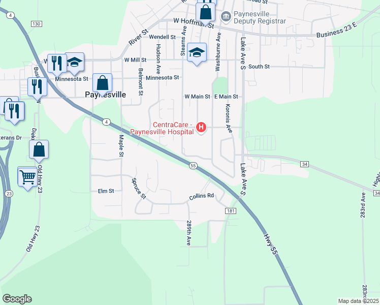 map of restaurants, bars, coffee shops, grocery stores, and more near Washburne Drive in Paynesville