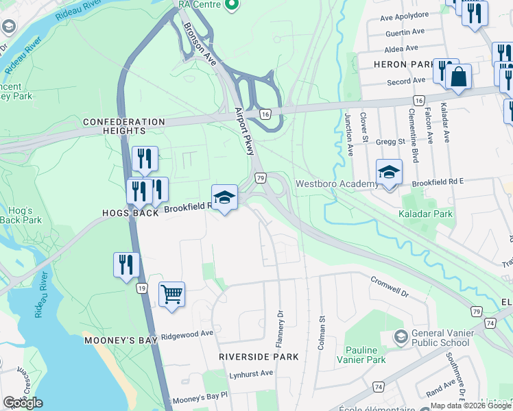 map of restaurants, bars, coffee shops, grocery stores, and more near in Ottawa