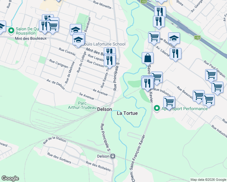 map of restaurants, bars, coffee shops, grocery stores, and more near 151 Rue Principale Sud in Delson