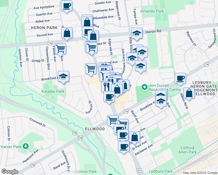 map of restaurants, bars, coffee shops, grocery stores, and more near 409-2706 Alta Vista Drive in Ottawa