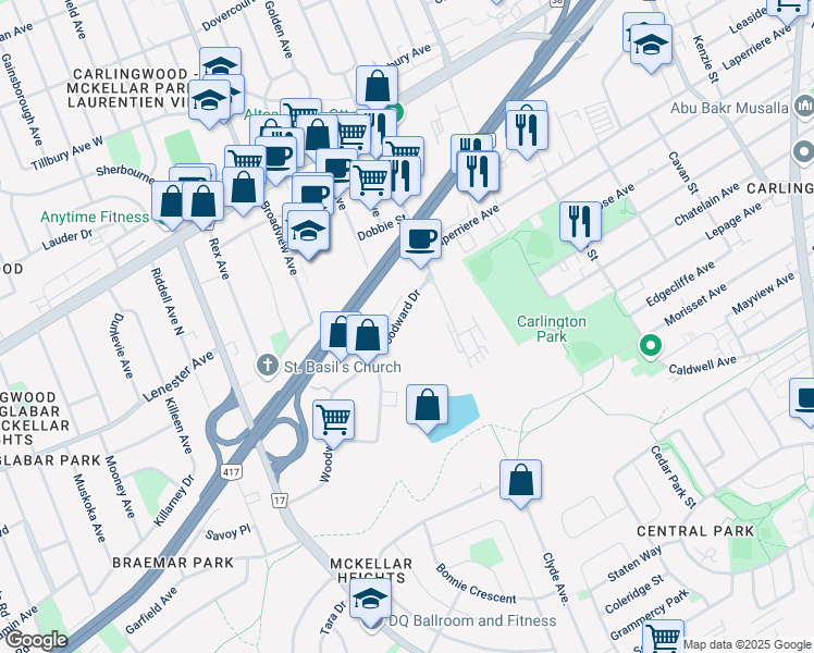 map of restaurants, bars, coffee shops, grocery stores, and more near 1656 Woodward Dr in Ottawa