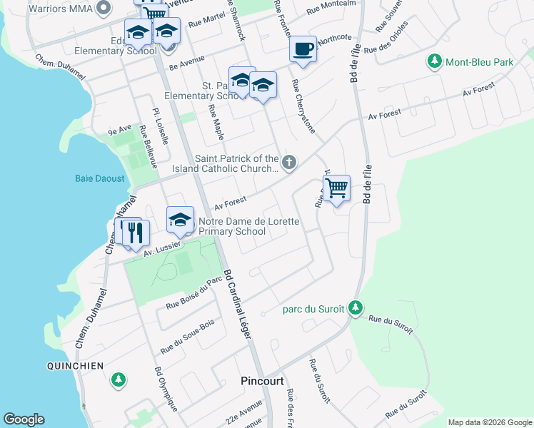 map of restaurants, bars, coffee shops, grocery stores, and more near 396 Rue Dupont in Pincourt