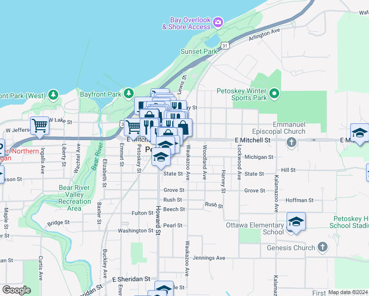 map of restaurants, bars, coffee shops, grocery stores, and more near 414 Waukazoo Avenue in Petoskey