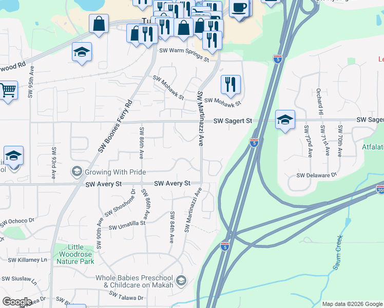 map of restaurants, bars, coffee shops, grocery stores, and more near 8201 Southwest Seminole Trail in Tualatin