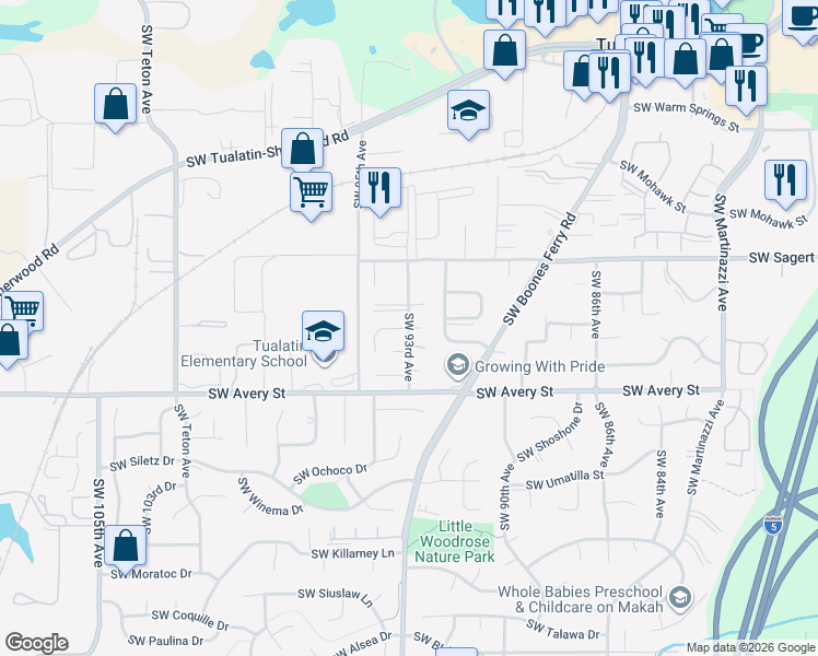 map of restaurants, bars, coffee shops, grocery stores, and more near 20338 Southwest 93rd Avenue in Tualatin