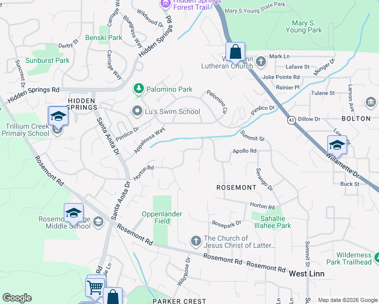 map of restaurants, bars, coffee shops, grocery stores, and more near 6577 Artemis Lane in West Linn