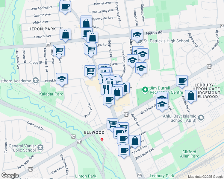 map of restaurants, bars, coffee shops, grocery stores, and more near 409-2706 Alta Vista Drive in Ottawa