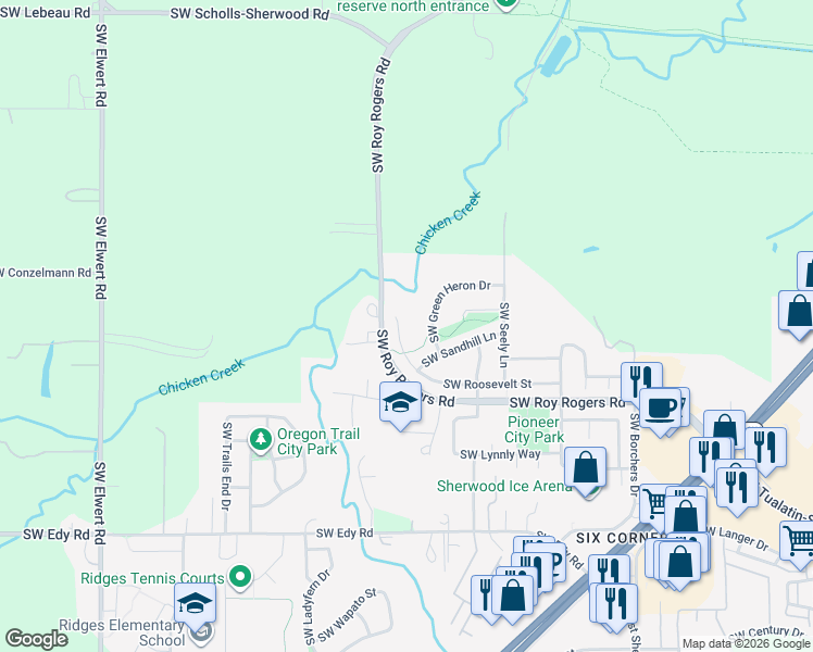map of restaurants, bars, coffee shops, grocery stores, and more near 17451 SW Roosevelt St in Sherwood