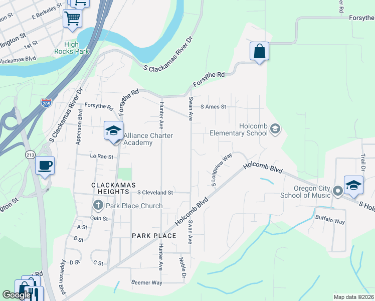 map of restaurants, bars, coffee shops, grocery stores, and more near 16045 Swan Avenue in Oregon City