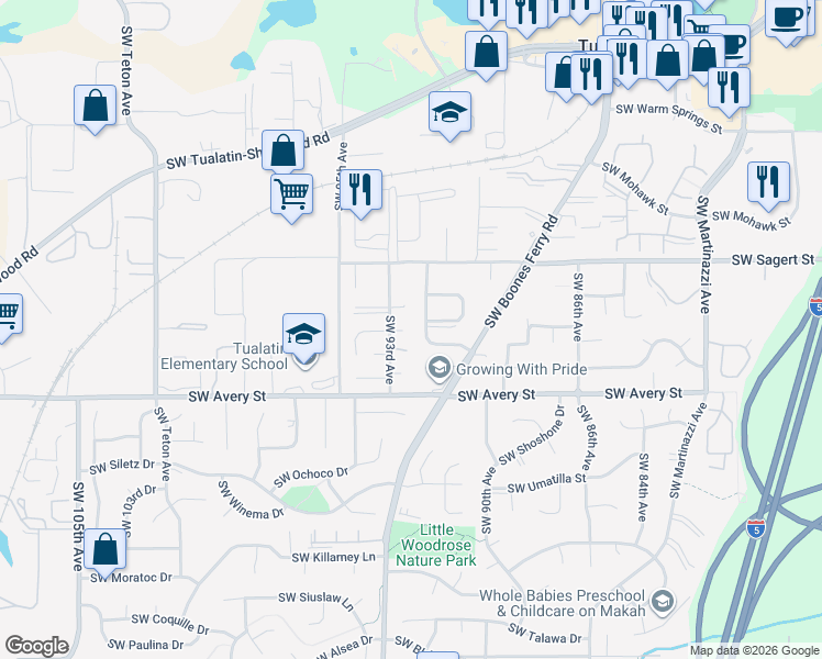 map of restaurants, bars, coffee shops, grocery stores, and more near 20258 Southwest 93rd Avenue in Tualatin