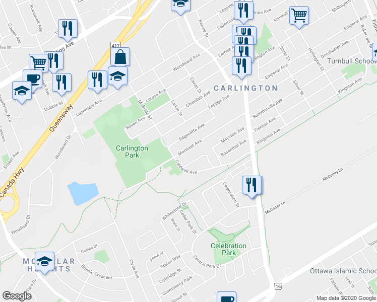 map of restaurants, bars, coffee shops, grocery stores, and more near 1498 Morisset Avenue in Ottawa