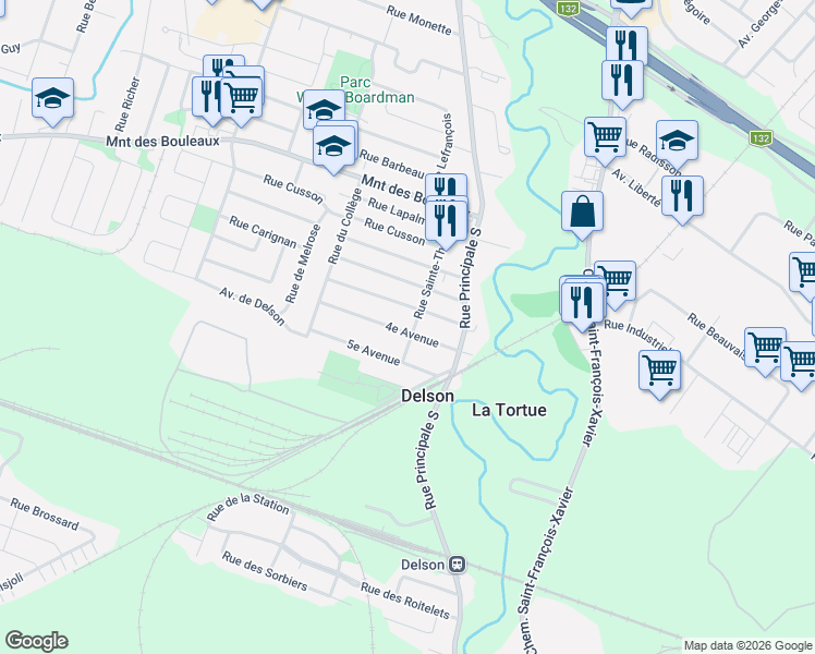 map of restaurants, bars, coffee shops, grocery stores, and more near 15 Rue Sainte-Thérèse in Delson