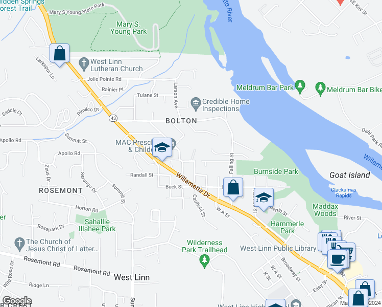 map of restaurants, bars, coffee shops, grocery stores, and more near 6410 Tompkins Court in West Linn
