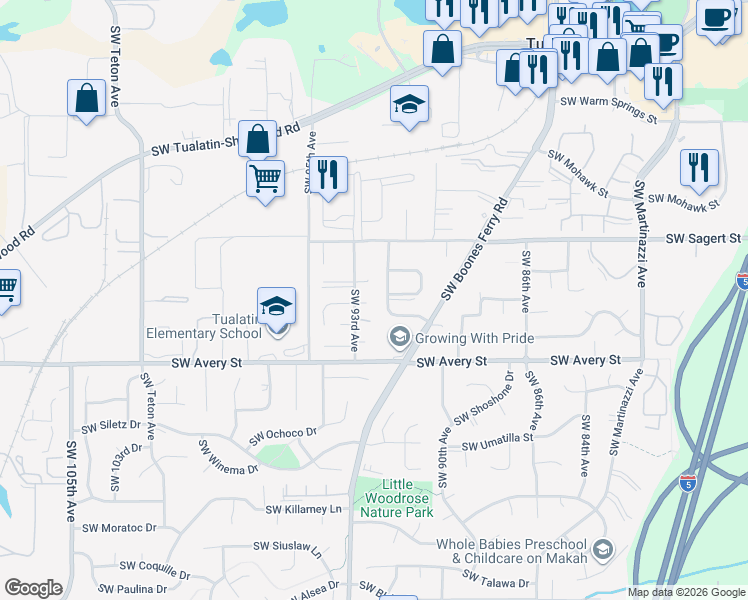 map of restaurants, bars, coffee shops, grocery stores, and more near 20258 Southwest 93rd Avenue in Tualatin