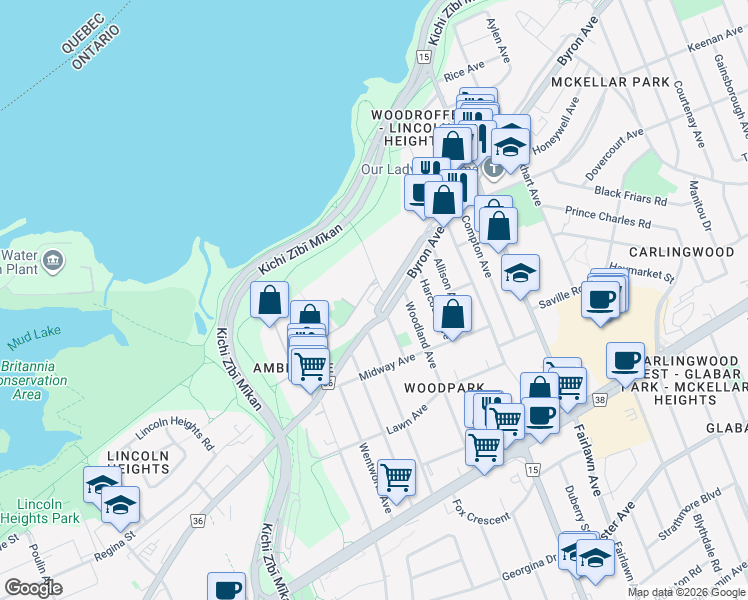 map of restaurants, bars, coffee shops, grocery stores, and more near 9288 Richmond Road in Ottawa
