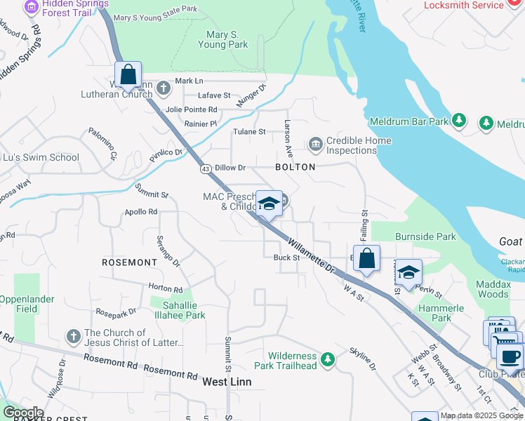 map of restaurants, bars, coffee shops, grocery stores, and more near 2330 Century Lane in West Linn