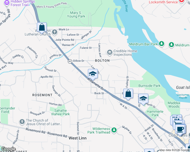 map of restaurants, bars, coffee shops, grocery stores, and more near 2310 Century Lane in West Linn