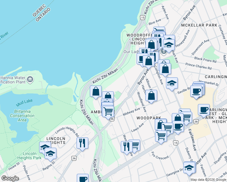 map of restaurants, bars, coffee shops, grocery stores, and more near 1081 Ambleside Drive in Ottawa