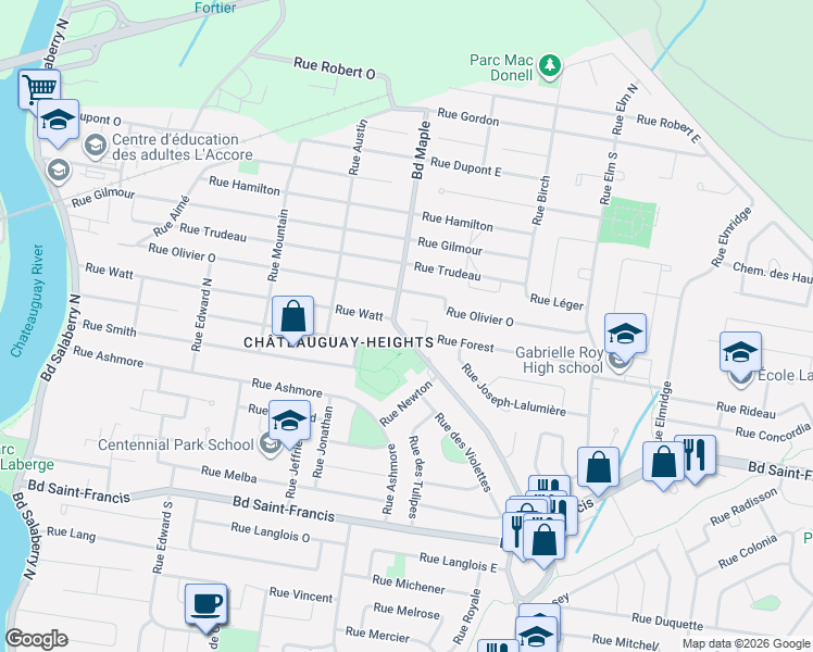 map of restaurants, bars, coffee shops, grocery stores, and more near 250 Boulevard Maple in Châteauguay
