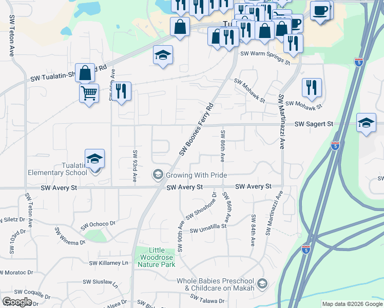map of restaurants, bars, coffee shops, grocery stores, and more near 20245 Southwest Comanche Terrace in Tualatin