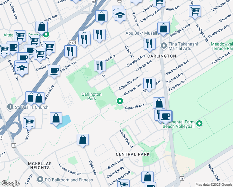 map of restaurants, bars, coffee shops, grocery stores, and more near 1551 Caldwell Avenue in Ottawa