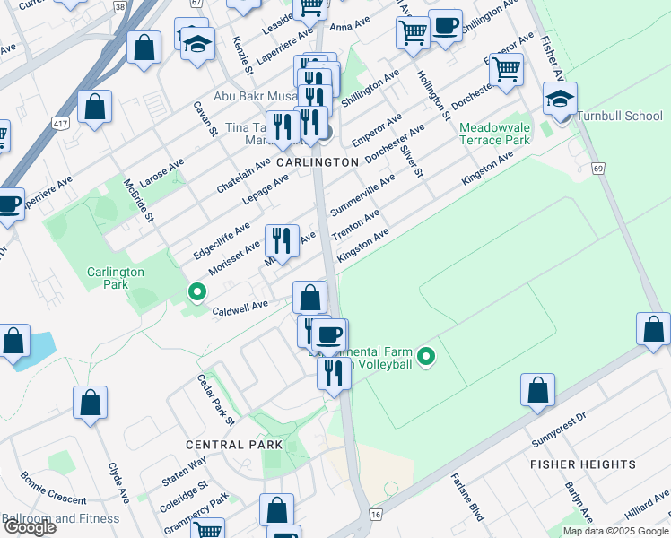 map of restaurants, bars, coffee shops, grocery stores, and more near 1185 Merivale Road in Ottawa