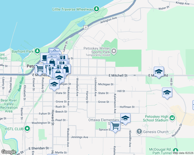 map of restaurants, bars, coffee shops, grocery stores, and more near 802 East Mitchell Street in Petoskey