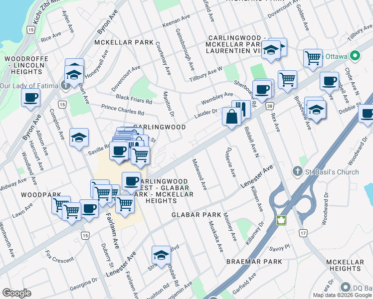 map of restaurants, bars, coffee shops, grocery stores, and more near 2001 Carling Avenue in Ottawa