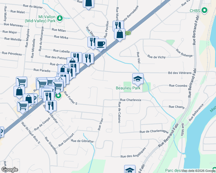 map of restaurants, bars, coffee shops, grocery stores, and more near 4543 Rue du Calembour in Sherbrooke