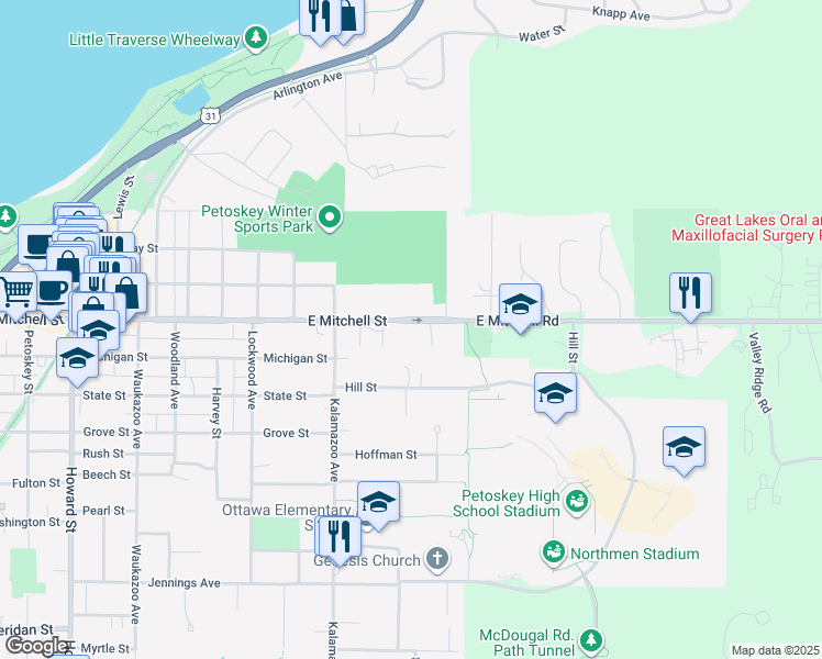 map of restaurants, bars, coffee shops, grocery stores, and more near 1124 East Mitchell Street in Petoskey