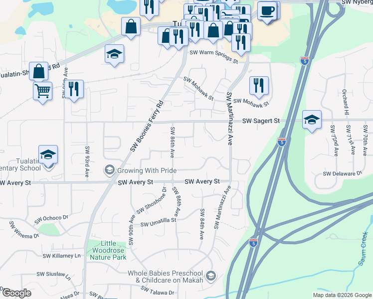 map of restaurants, bars, coffee shops, grocery stores, and more near 8525 Southwest Modoc Court in Tualatin