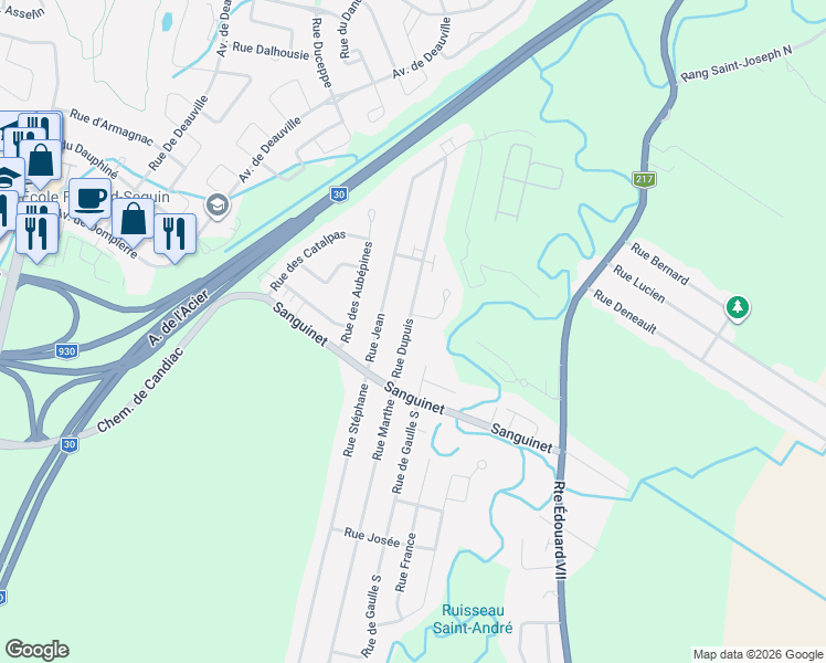 map of restaurants, bars, coffee shops, grocery stores, and more near 76 Rue Dupuis in Saint-Philippe