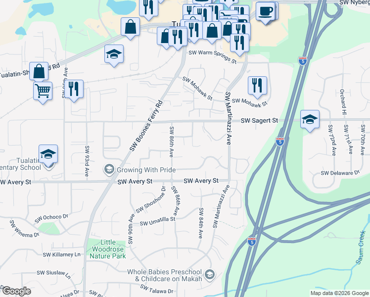 map of restaurants, bars, coffee shops, grocery stores, and more near 8525 Southwest Modoc Court in Tualatin