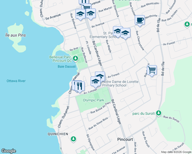 map of restaurants, bars, coffee shops, grocery stores, and more near 303 Rue Alfred Crescent in Pincourt