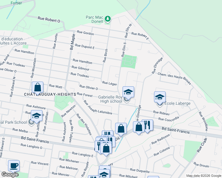 map of restaurants, bars, coffee shops, grocery stores, and more near 205 Rue Olivier Ouest in Châteauguay