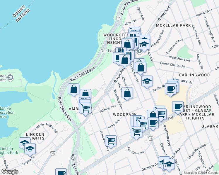 map of restaurants, bars, coffee shops, grocery stores, and more near 9288 Richmond Road in Ottawa