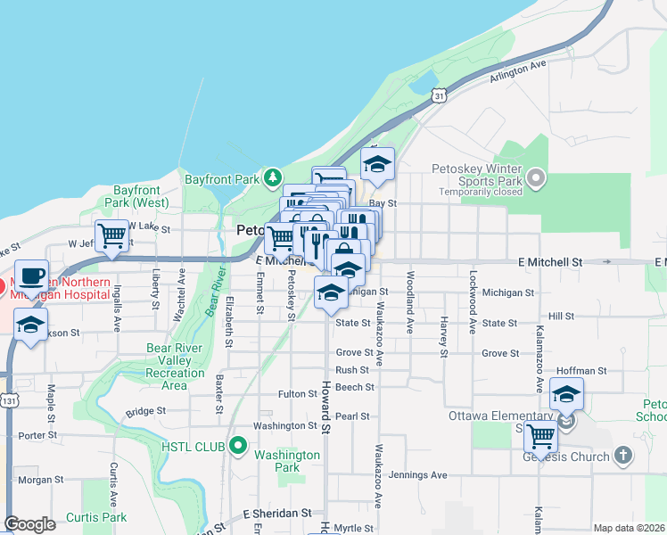 map of restaurants, bars, coffee shops, grocery stores, and more near 408 East Mitchell Street in Petoskey