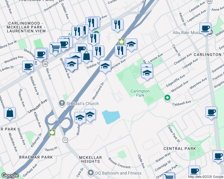 map of restaurants, bars, coffee shops, grocery stores, and more near 1213 Clyde Avenue North in Ottawa