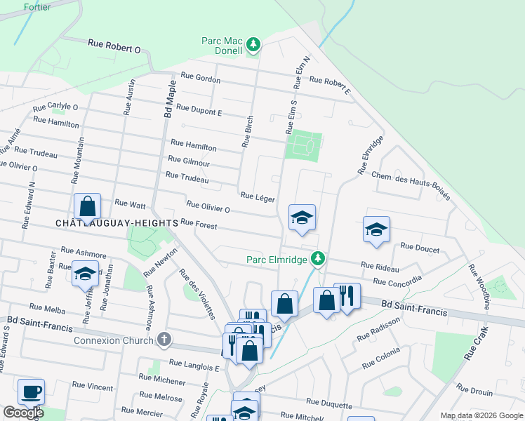 map of restaurants, bars, coffee shops, grocery stores, and more near 205 Rue Olivier Ouest in Châteauguay
