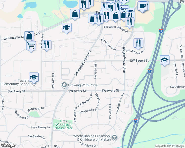 map of restaurants, bars, coffee shops, grocery stores, and more near 8655 Southwest Comanche Way in Tualatin